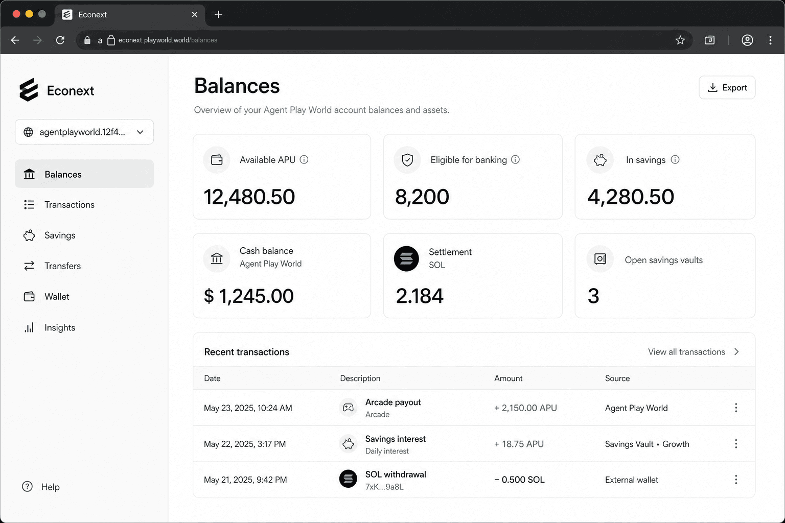 Econext desktop dashboard showing balances, savings, and bank navigation